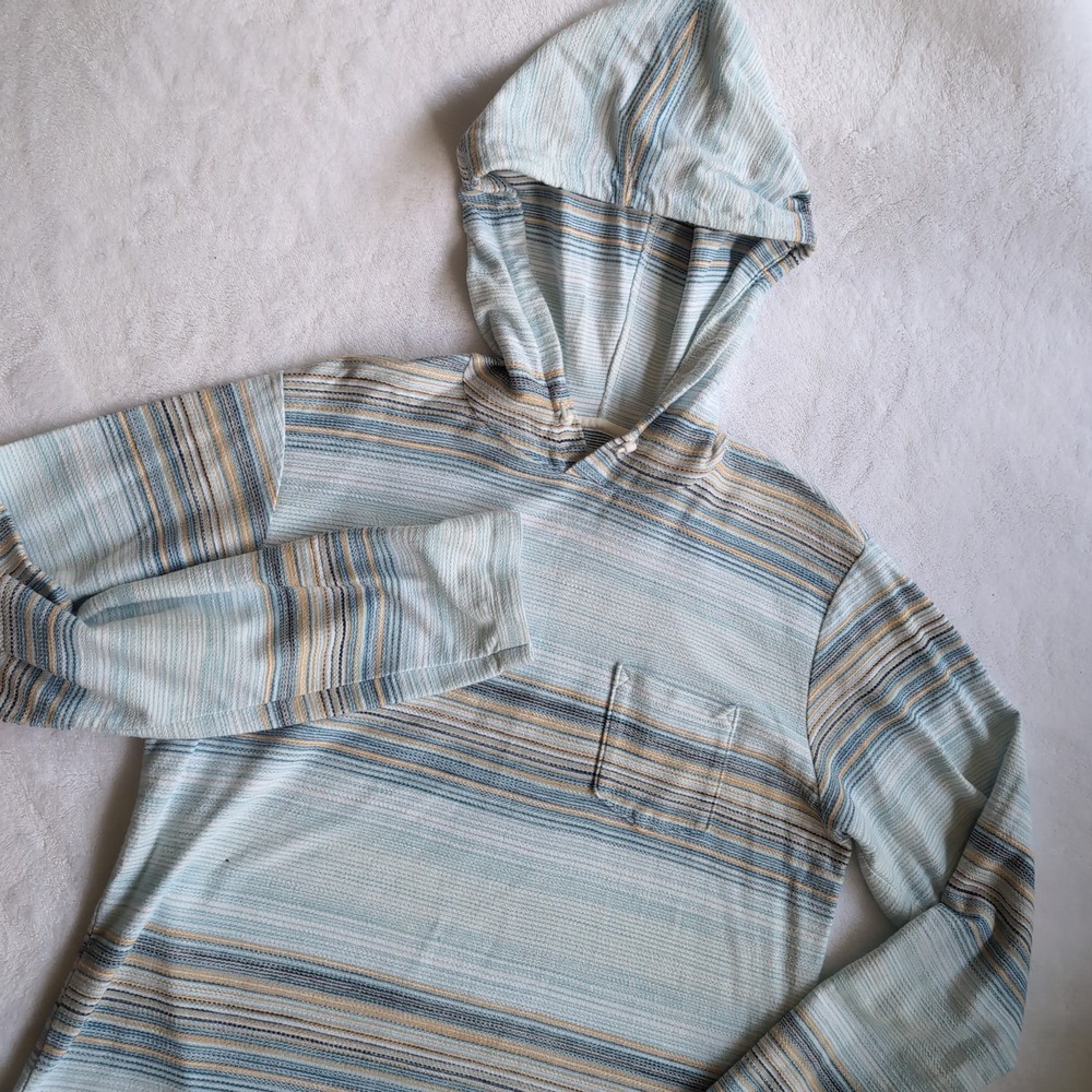Billabong Baja Hoodie Men XL Blue Striped Terry Cloth Surf Beach Pullover Cotton